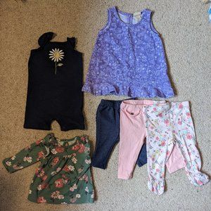 3-6 month bundle 3 pants, 1 shirt, 1 dress, 1 romper
